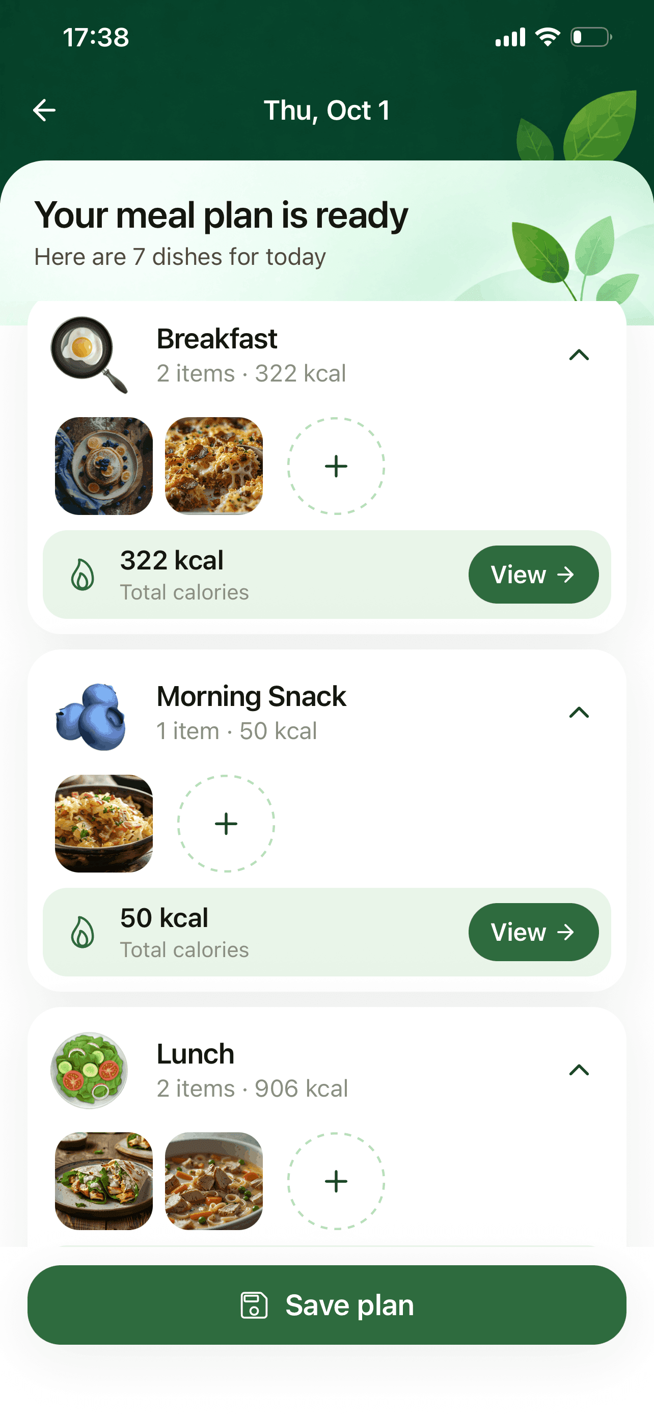 A generated meal plan ready to save
