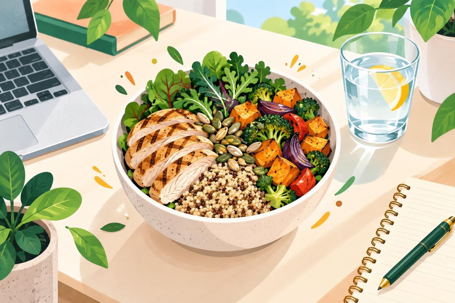 A balanced lunch bowl with chicken, grains, vegetables and seeds
