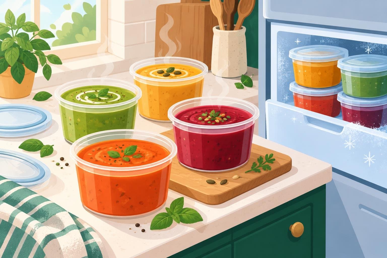 Portions of soup cooling in containers before freezing