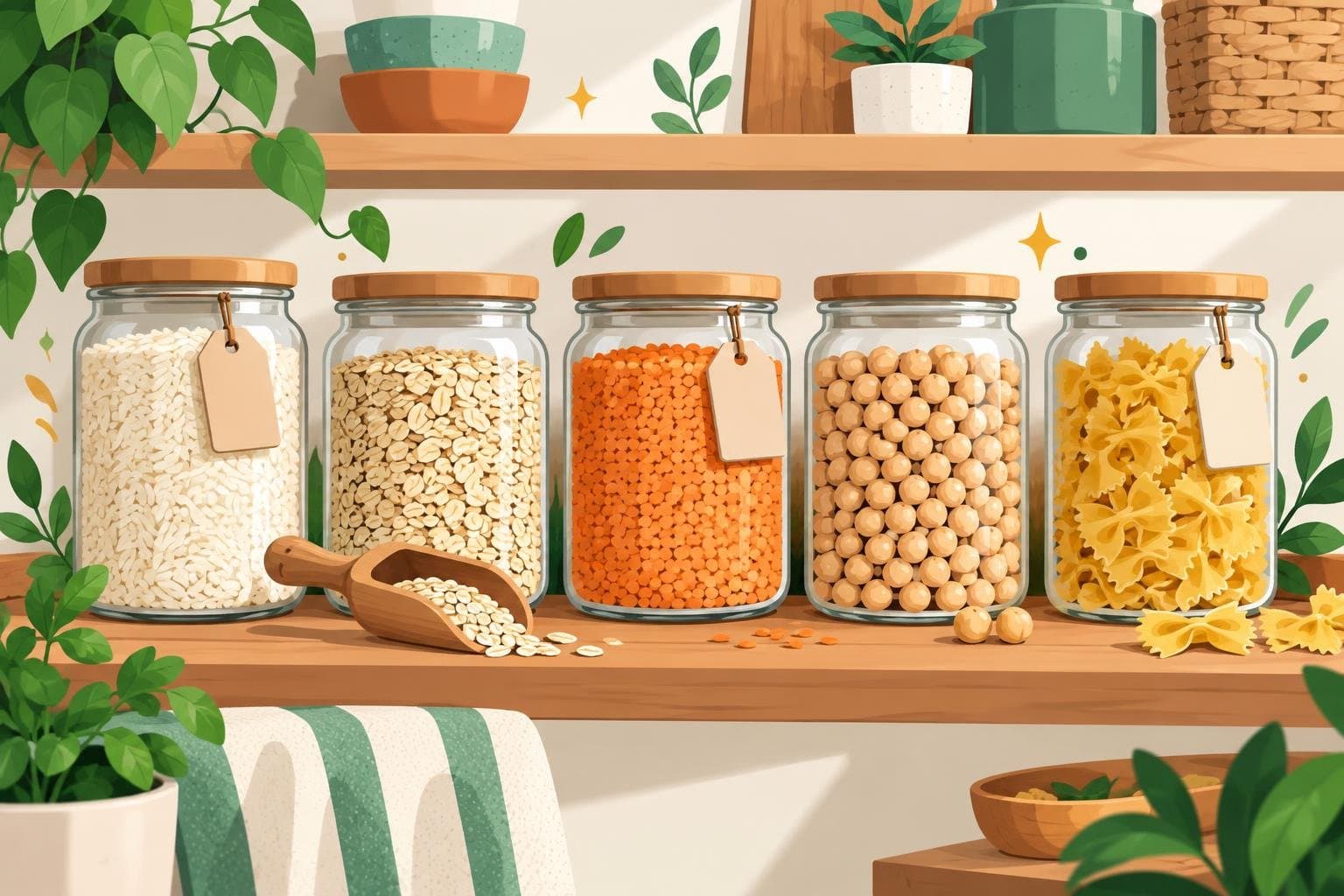 Airtight jars of grains, beans and oats on a pantry shelf