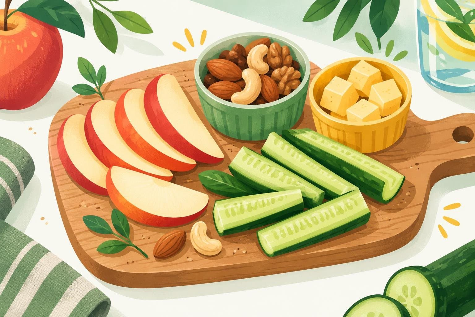 Small portioned containers of nuts and cheese next to an apple