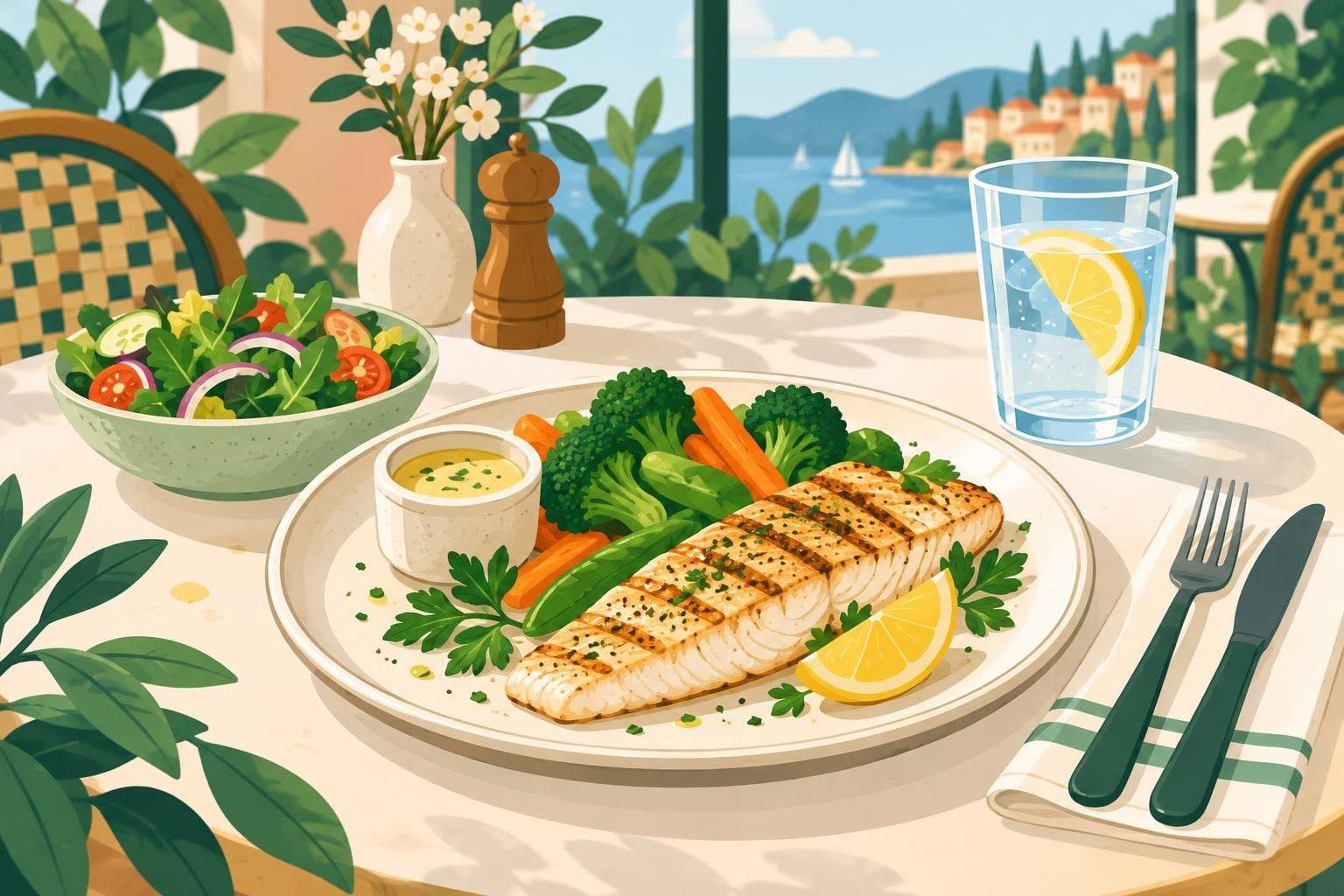 A grilled fish dish with vegetables and dressing on the side