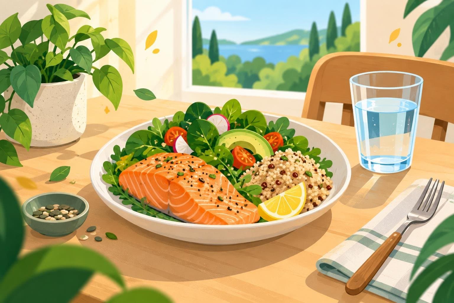 A calm lunch with salmon, greens and a glass of water by a sunny window
