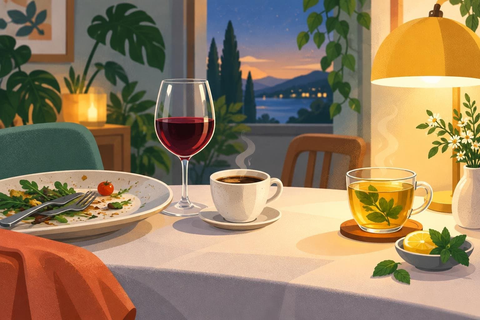 A coffee cup, a glass of wine and a heavy meal set aside at night