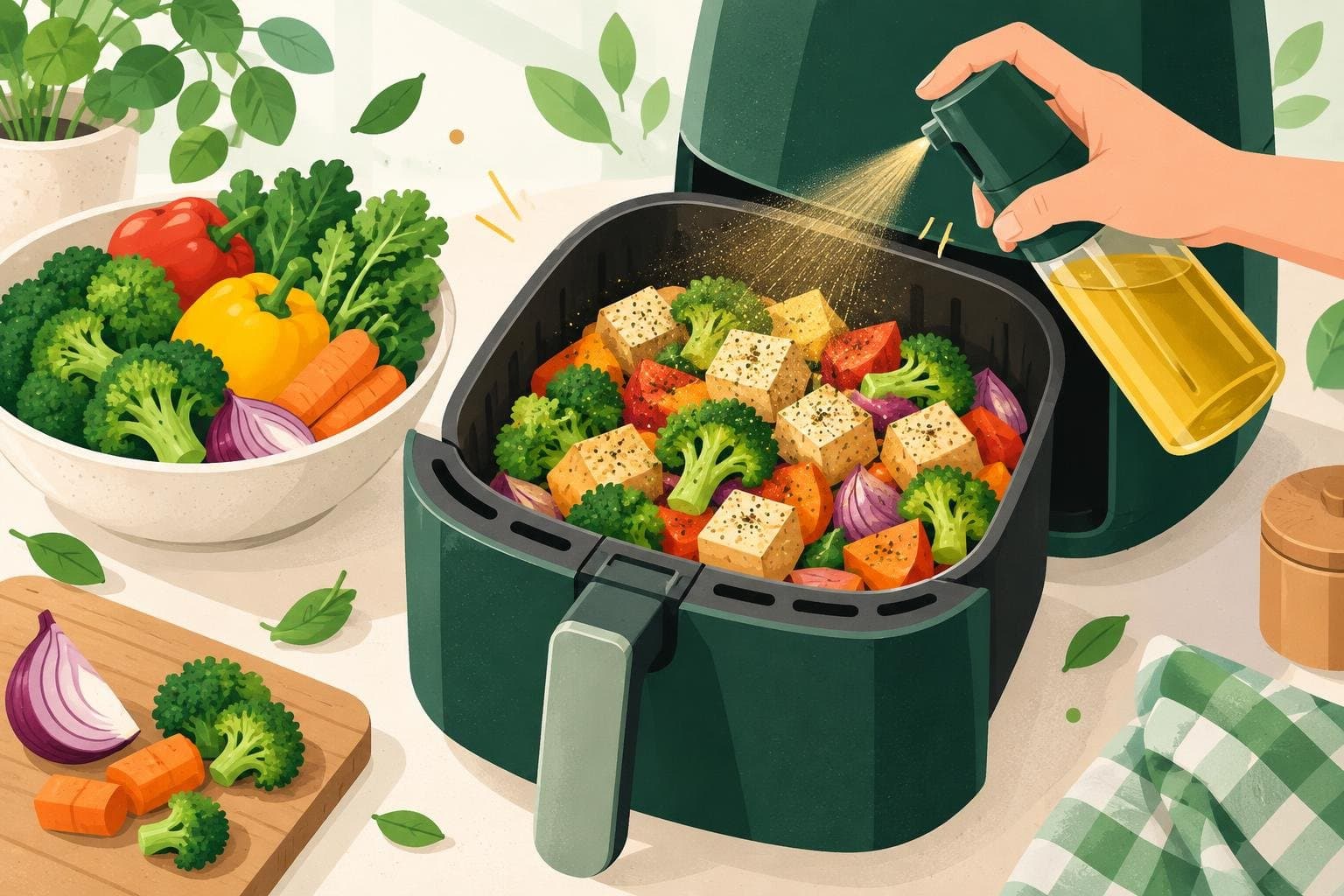 A light spray of oil on vegetables before air frying