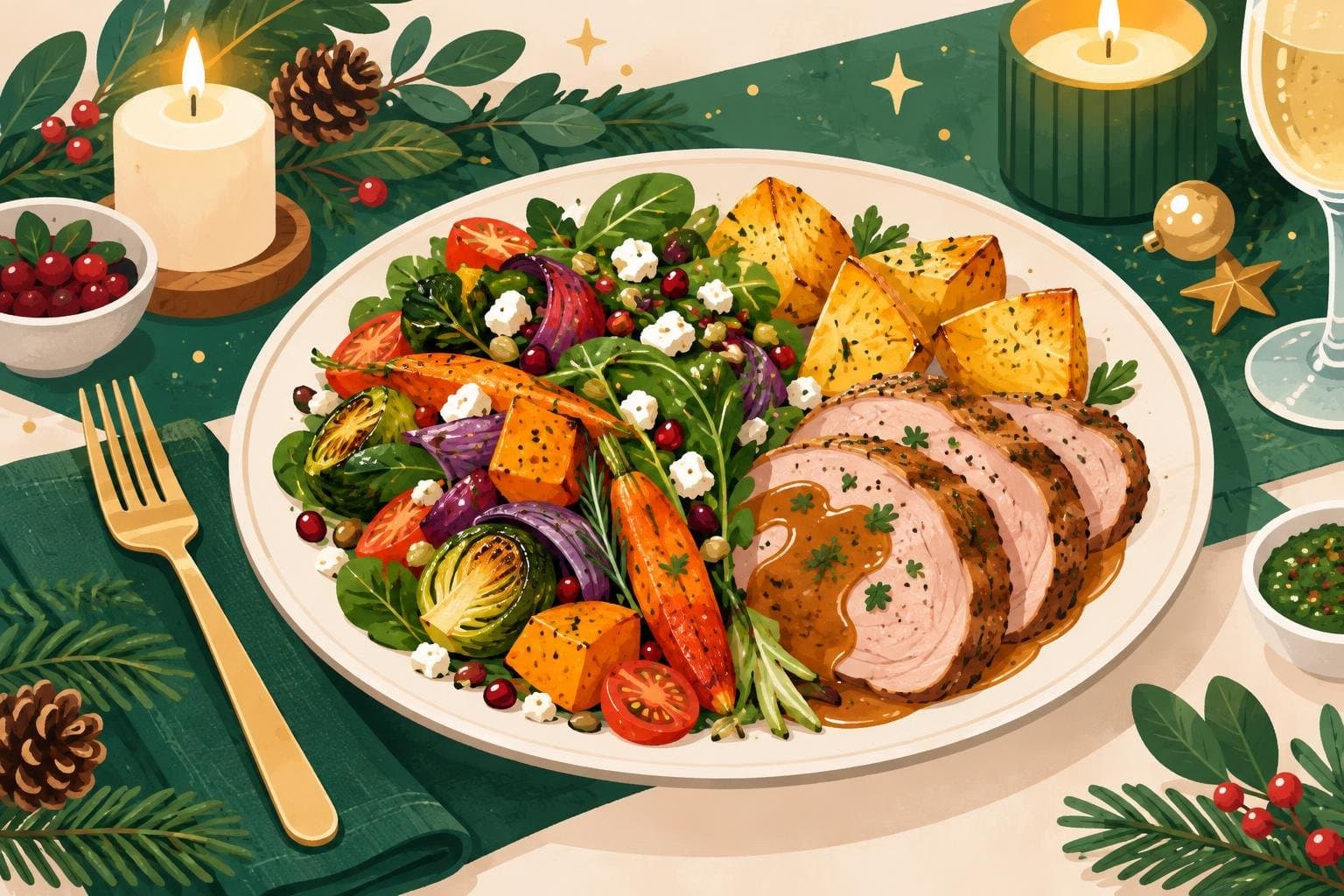 A festive plate half-filled with vegetables