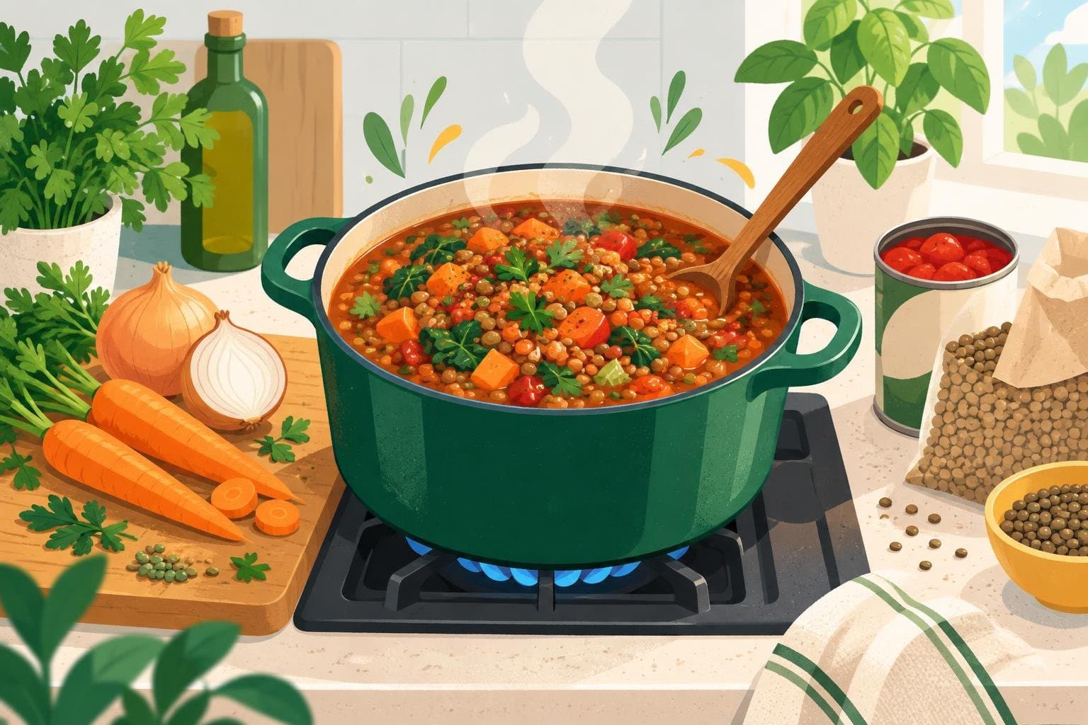 A pot of lentil stew made from cheap staples