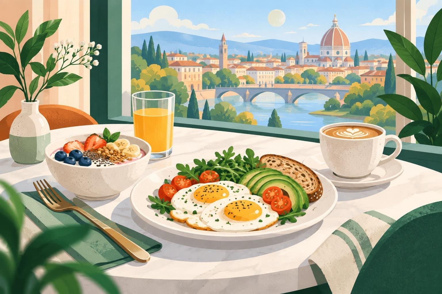A hotel breakfast plate with eggs, yoghurt and fruit