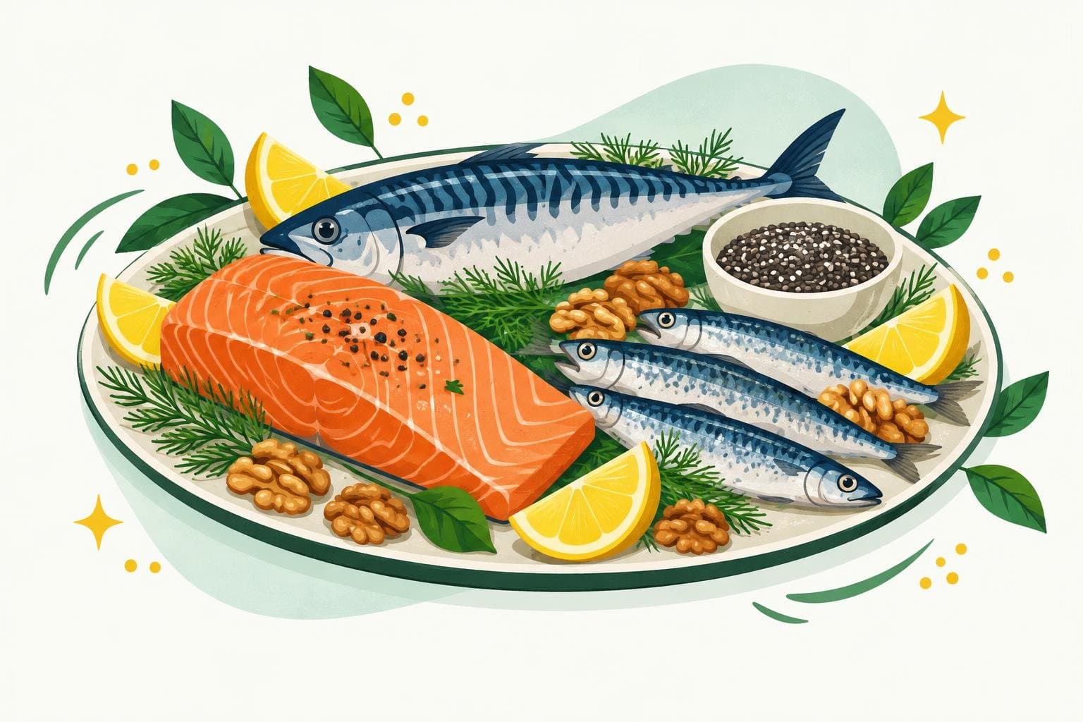 Oily fish rich in omega-3: salmon, mackerel and sardines
