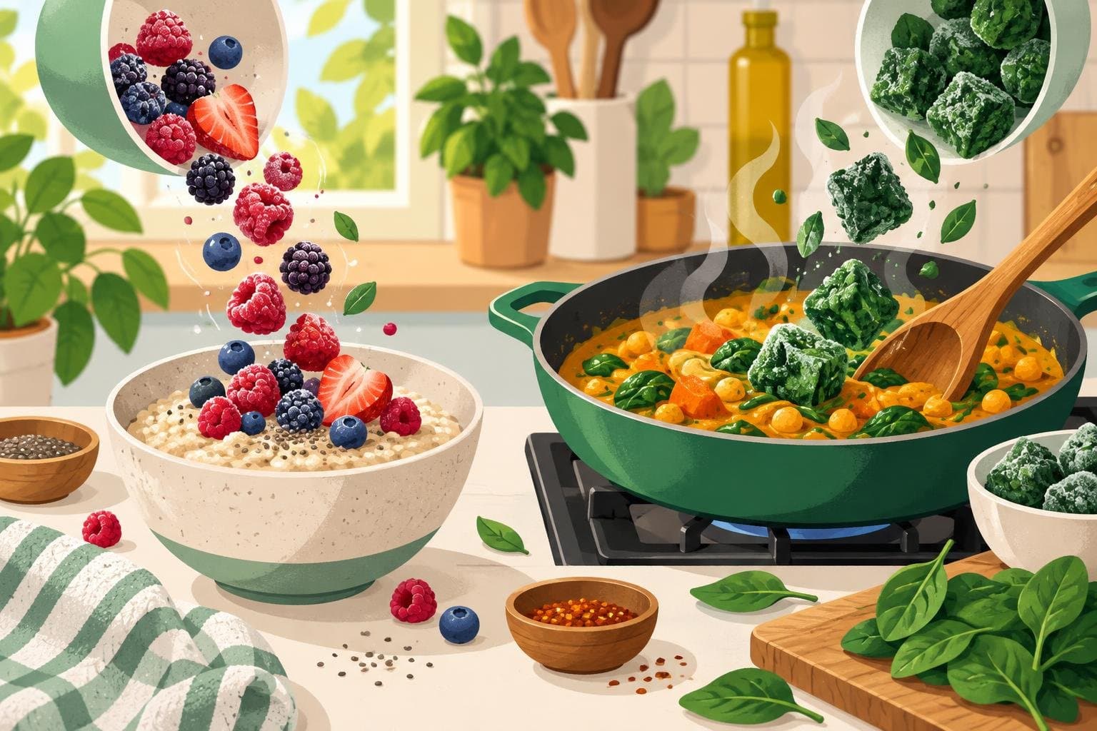 Frozen berries warming in porridge and frozen spinach going into a curry