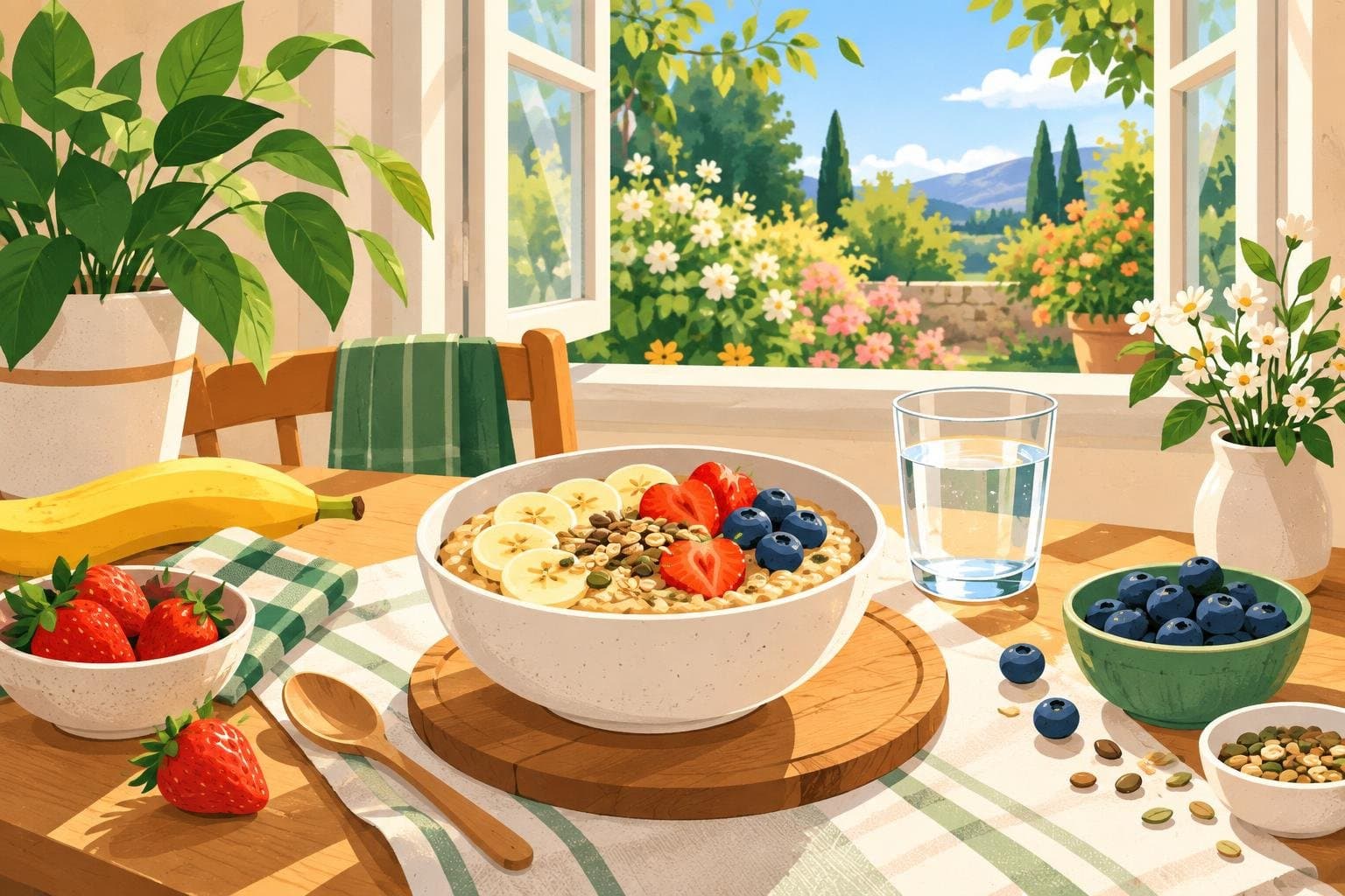 A person-free morning scene with sunlight streaming over a breakfast table