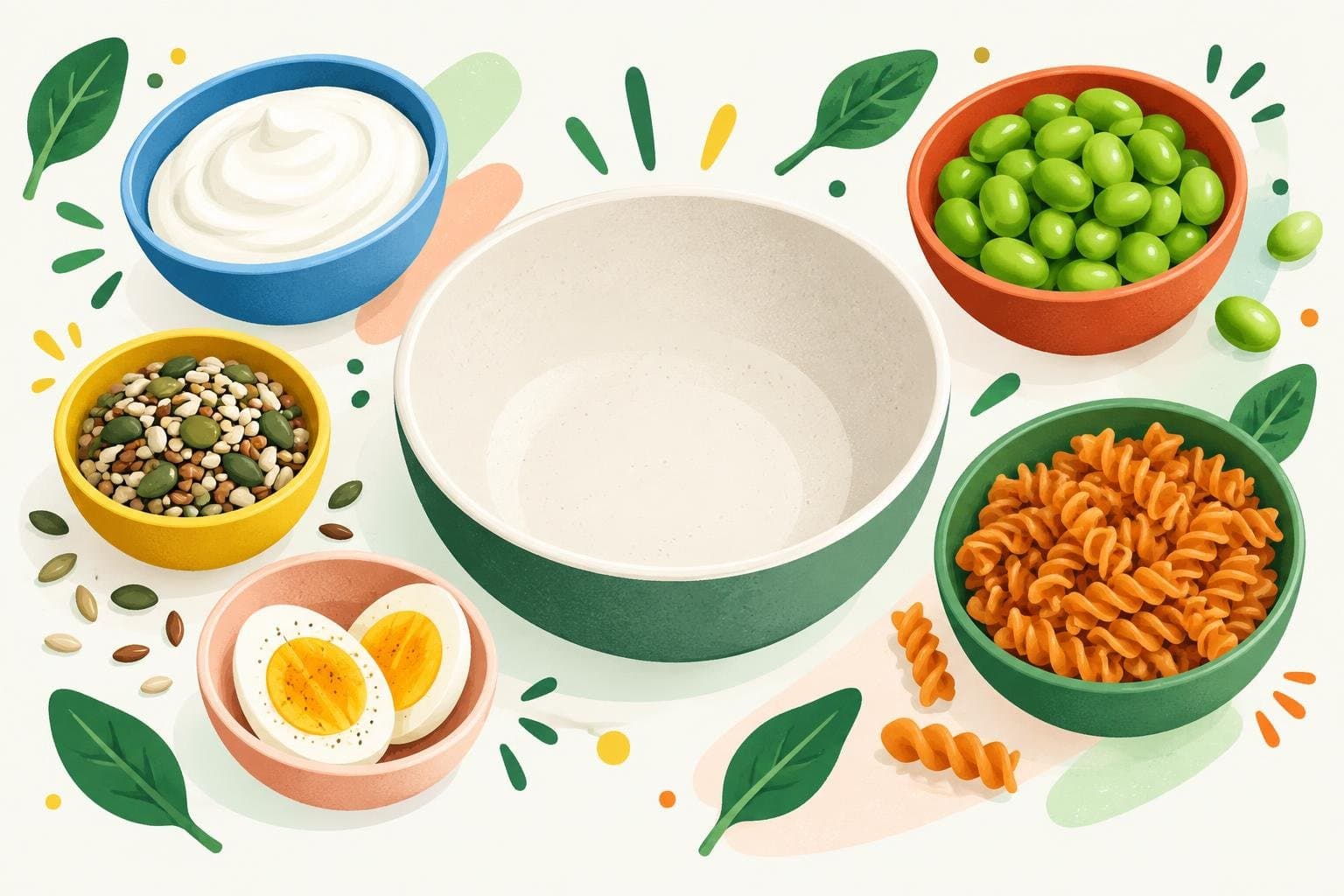 Protein boosters: Greek yoghurt, edamame, seeds, a boiled egg and lentil pasta
