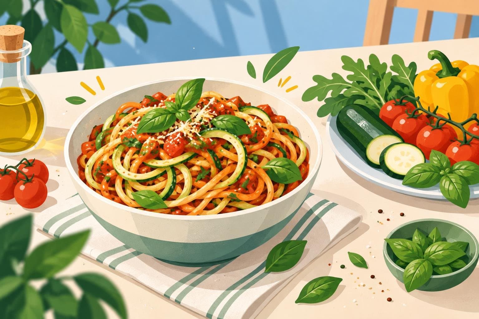 Courgette noodles mixed into spaghetti with tomato sauce