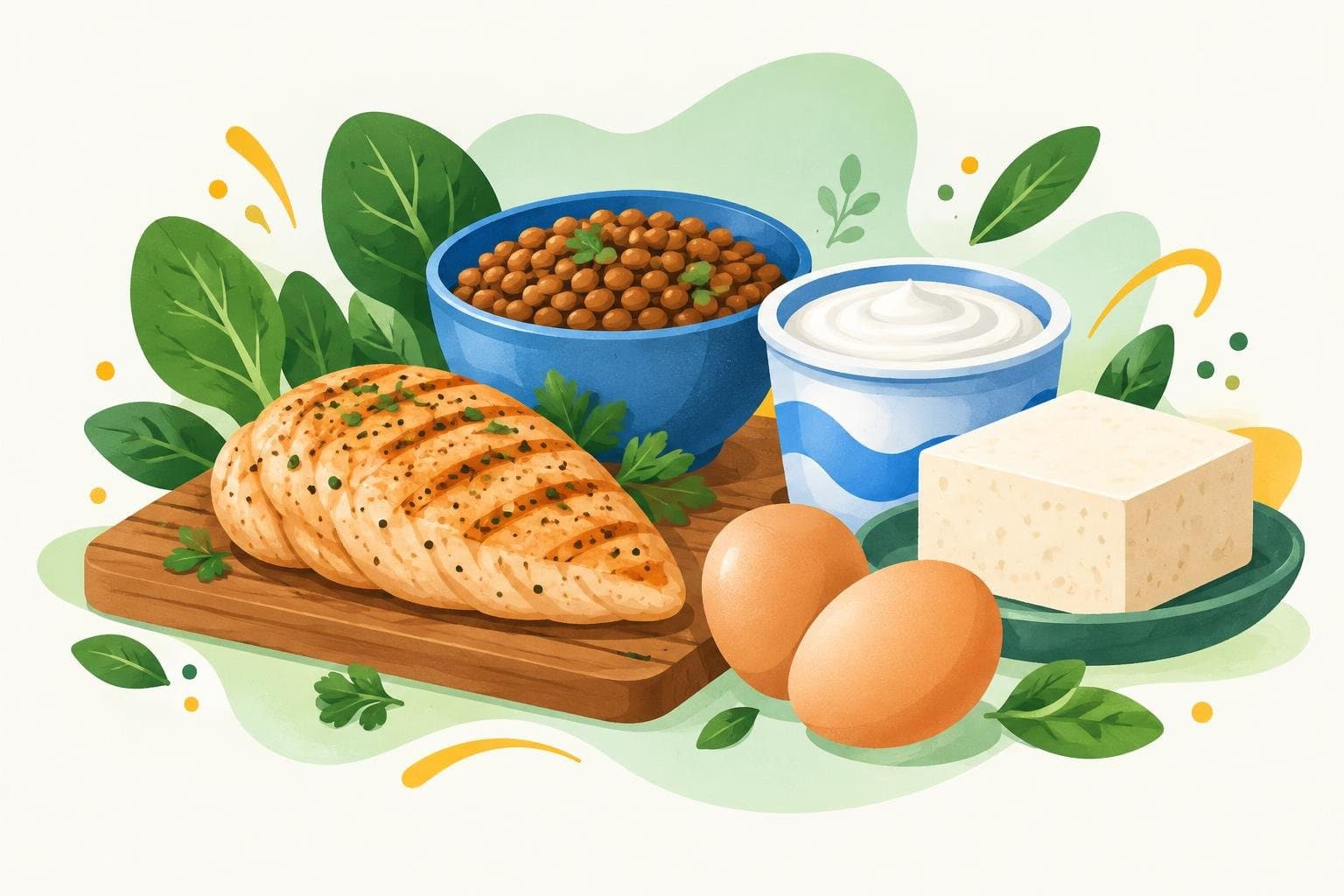 Protein portions: chicken, eggs, yoghurt, lentils and tofu
