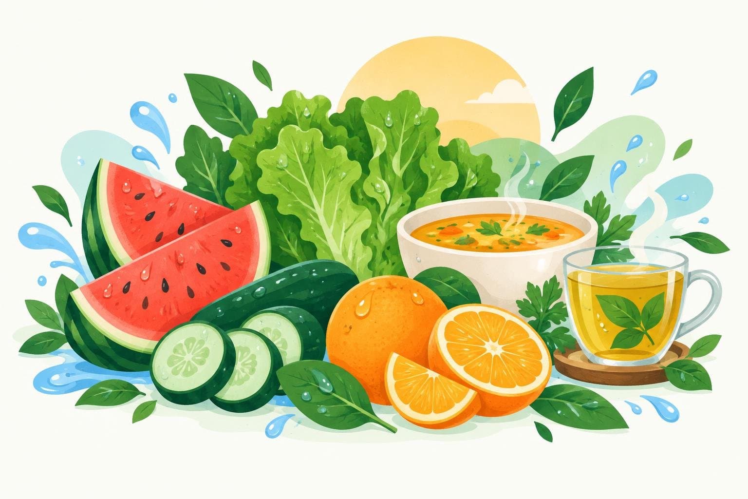 Water-rich foods: watermelon, cucumber, oranges, soup and tea