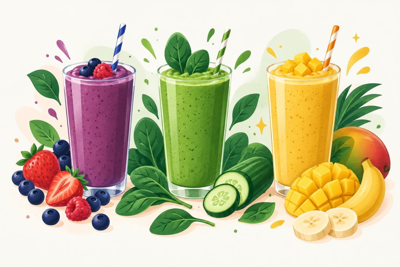 Three smoothies: berry, green and tropical