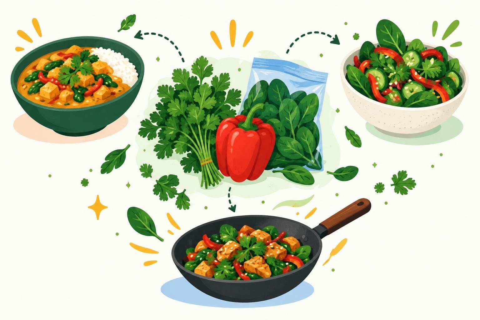 Shared ingredients flowing into several different meals