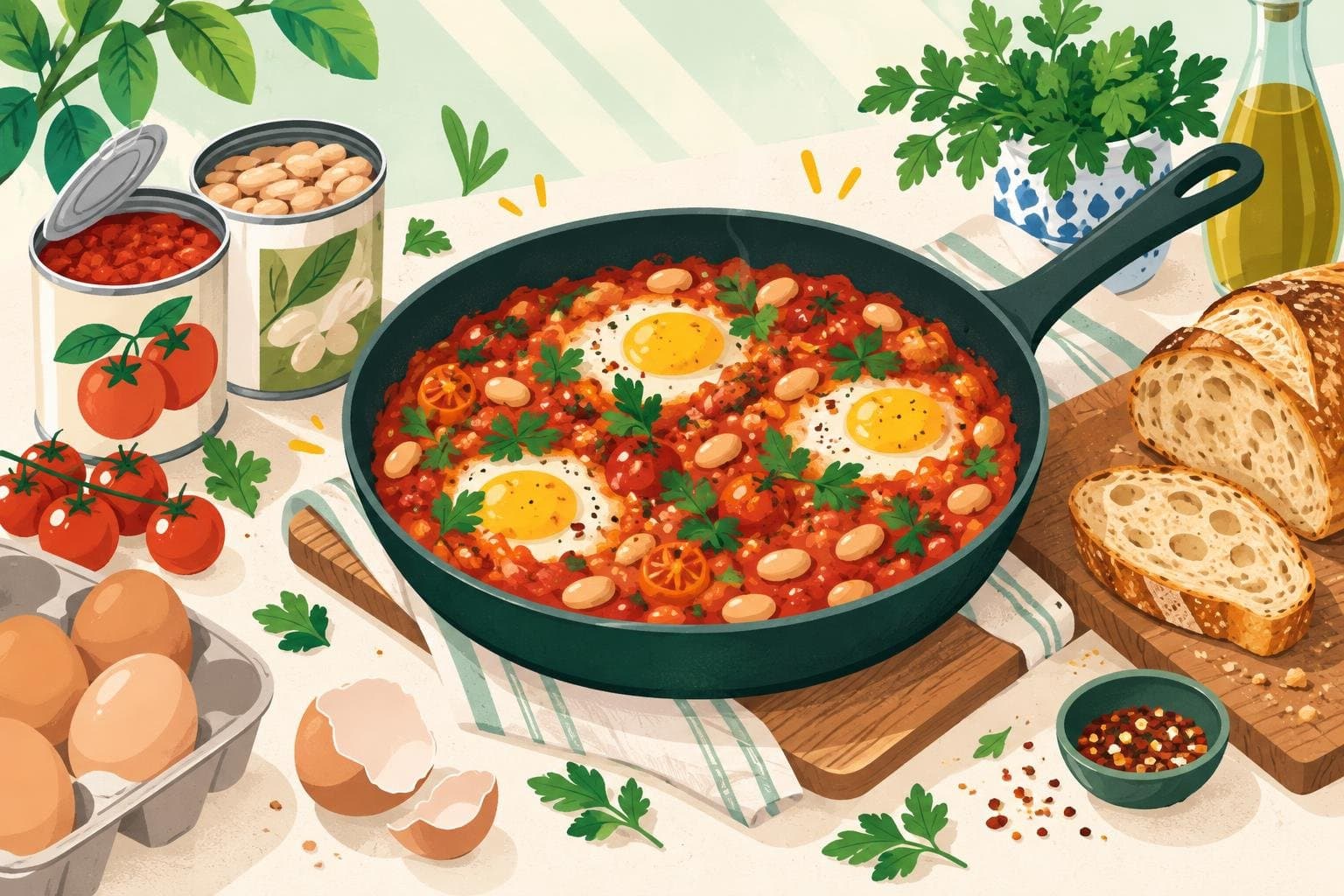 A backup pantry meal of eggs, tinned beans and tomatoes