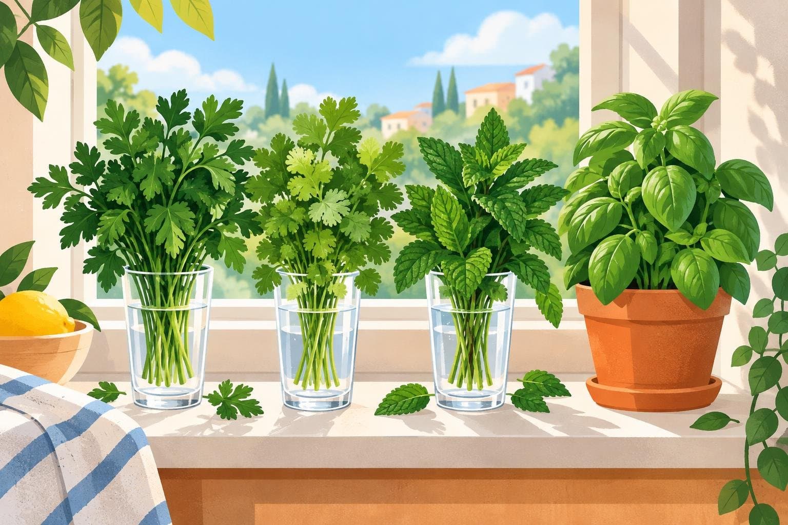Fresh herbs standing in glasses of water