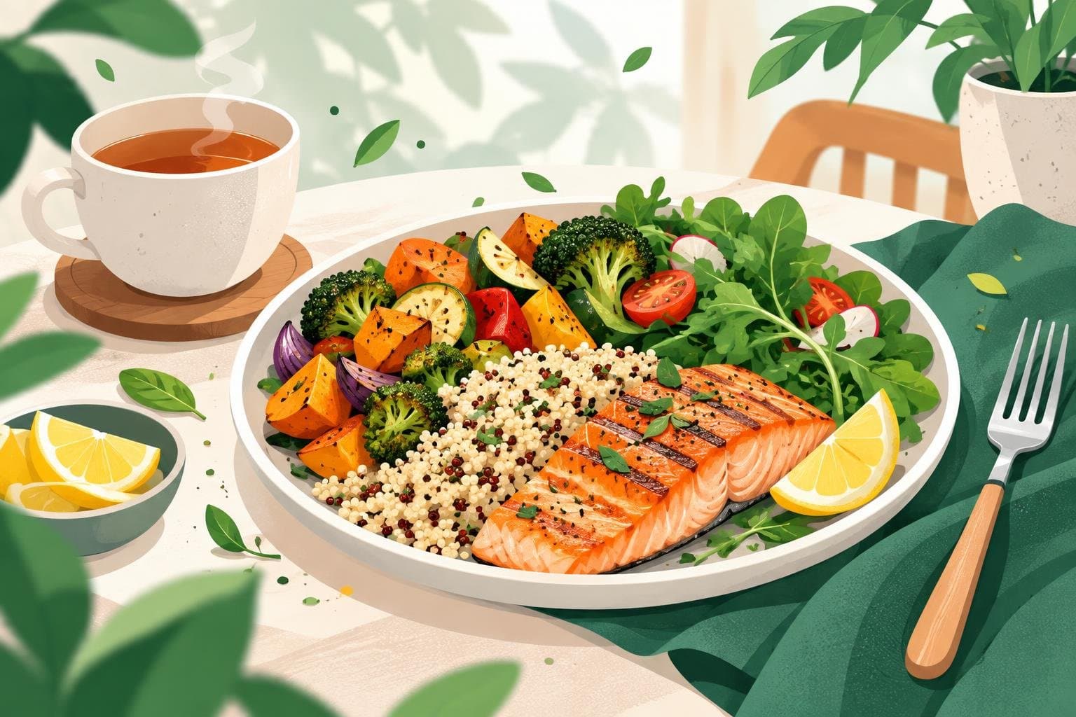 A balanced meal with protein and vegetables to break a fast