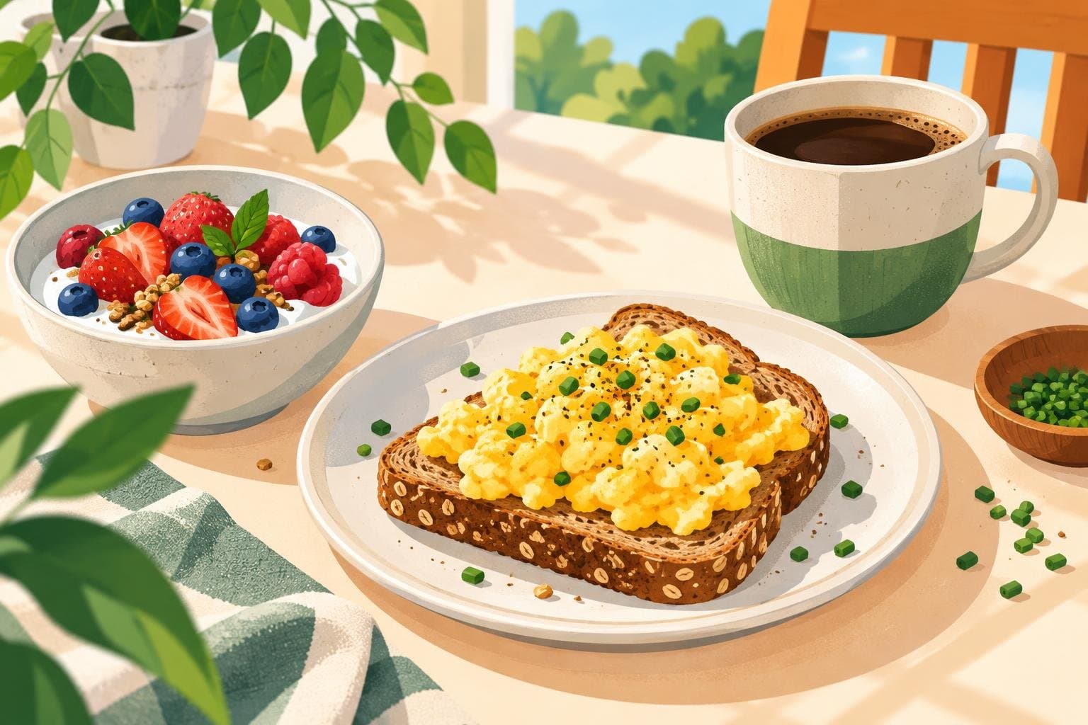 Bữa sáng giàu đạm và chất xơ: trứng, bánh mì nguyên cám nướng và trái cây