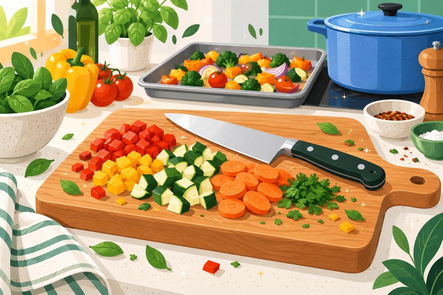 A chef's knife and cutting board with chopped vegetables