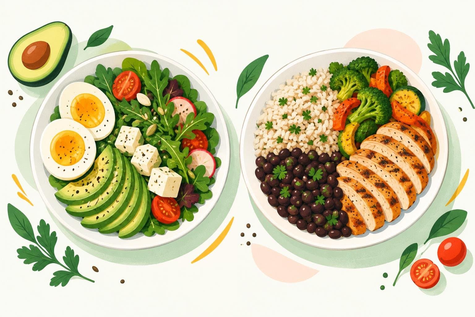 A lower-carb plate and a lower-fat plate side by side