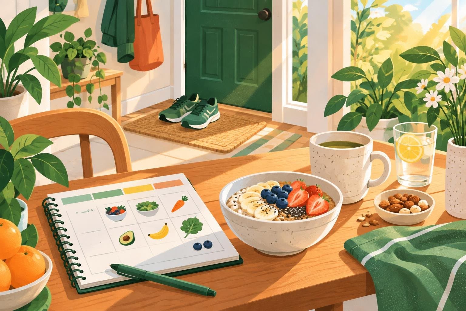 A morning walk path, a planner and a balanced meal