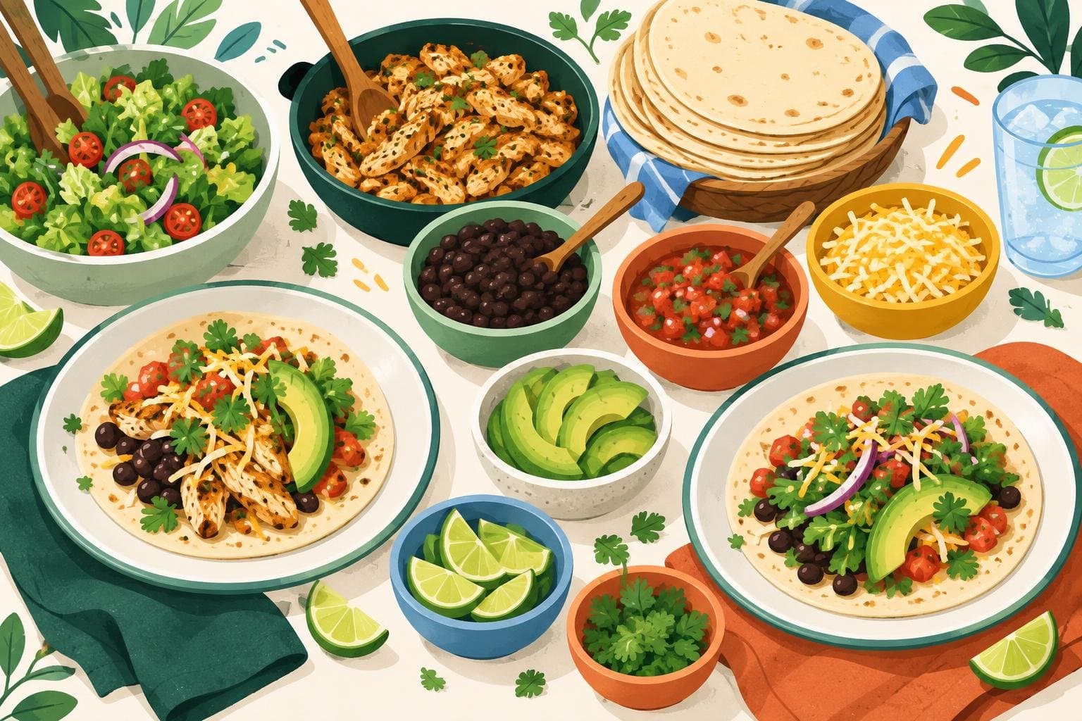 A shared taco spread with toppings for different tastes
