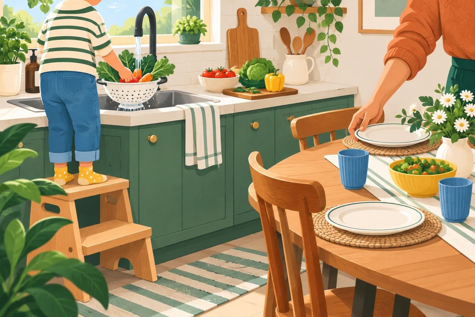 Small hands washing vegetables at the kitchen sink