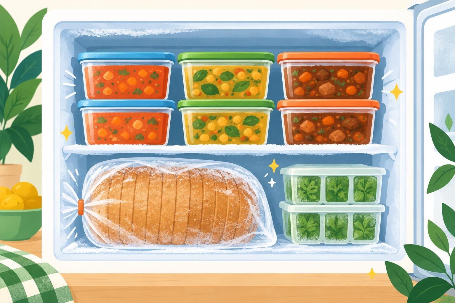 Single portions of soup and stew in a freezer