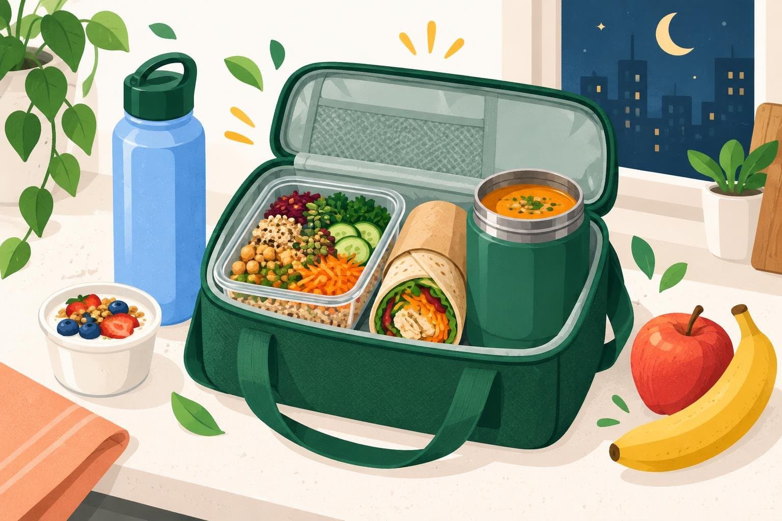 Packed shift meals: a grain bowl, a wrap, soup thermos and fruit
