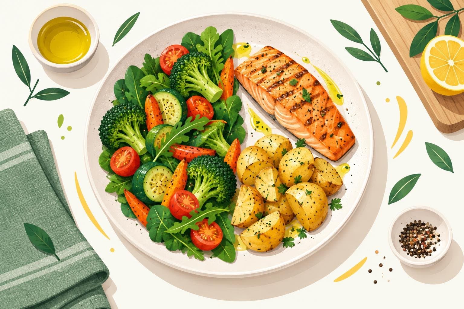 A plate divided into protein, vegetables, carbs and a little fat