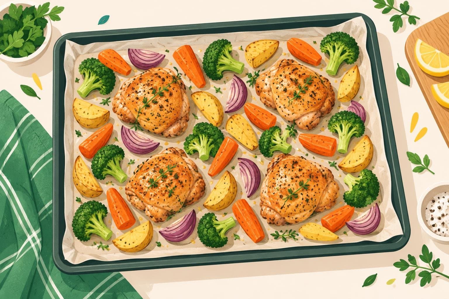 A sheet pan with vegetables spread out in a single layer