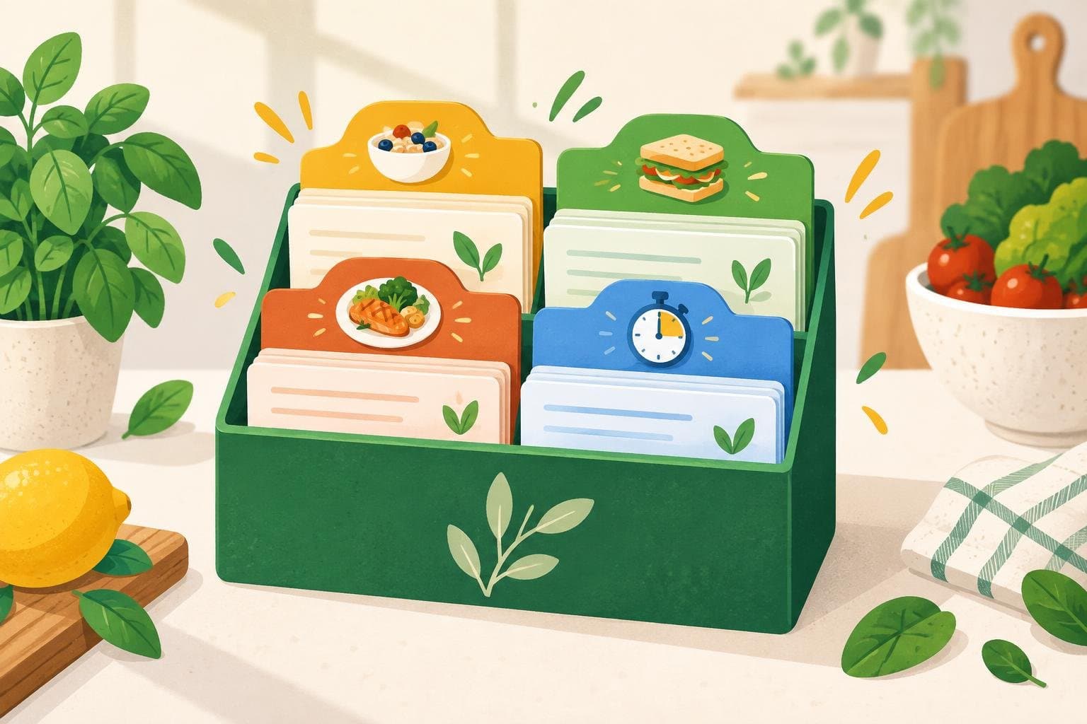 Recipe cards sorted into breakfast, lunch, dinner and quick meals