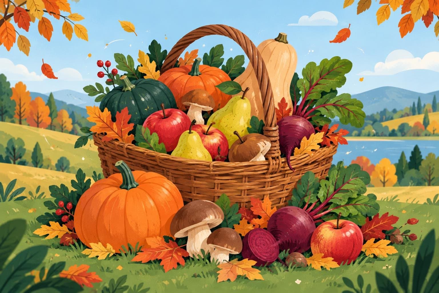 Autumn produce: pumpkins, apples, pears and mushrooms
