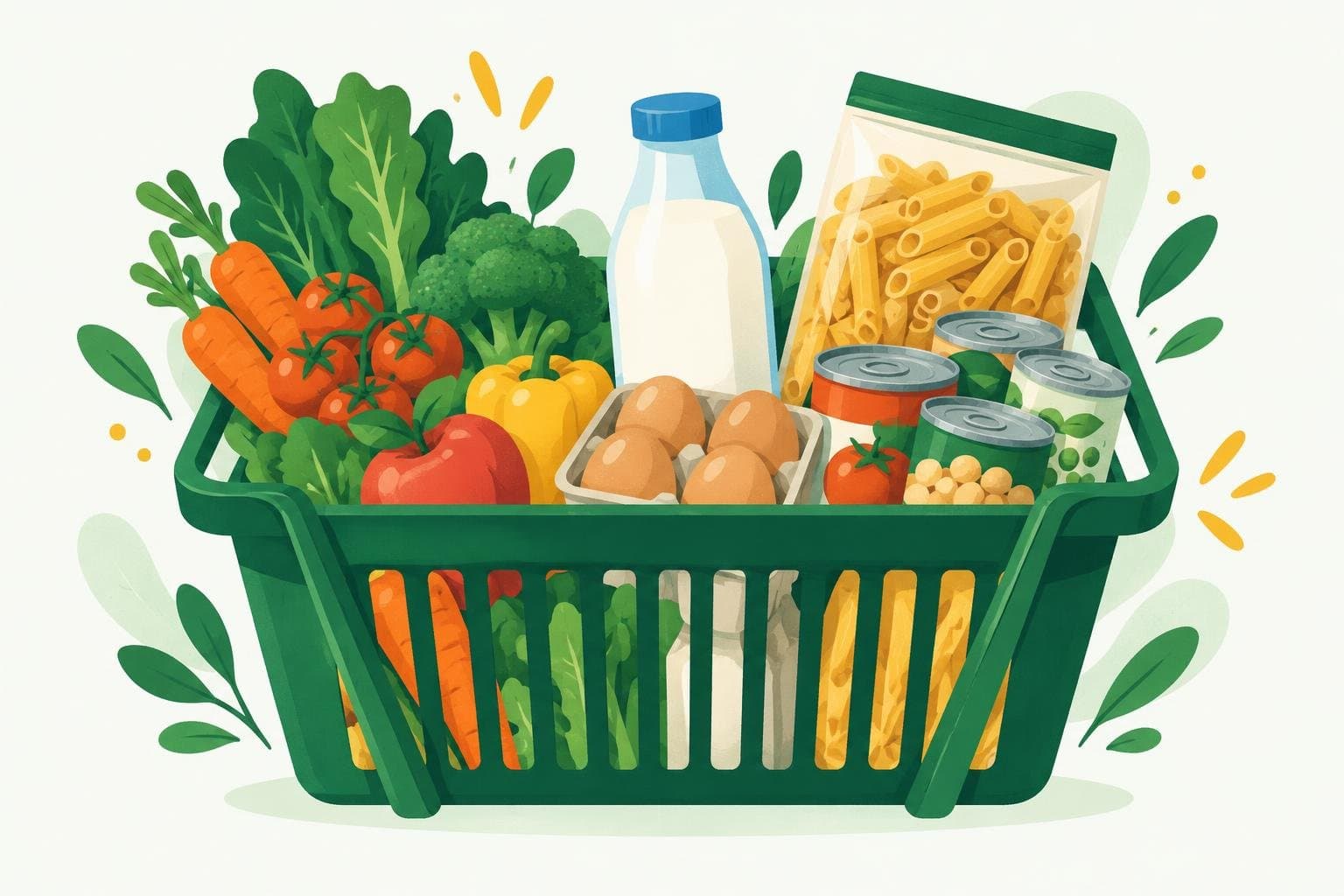 A shopping basket filled with produce, dairy and pantry items in groups
