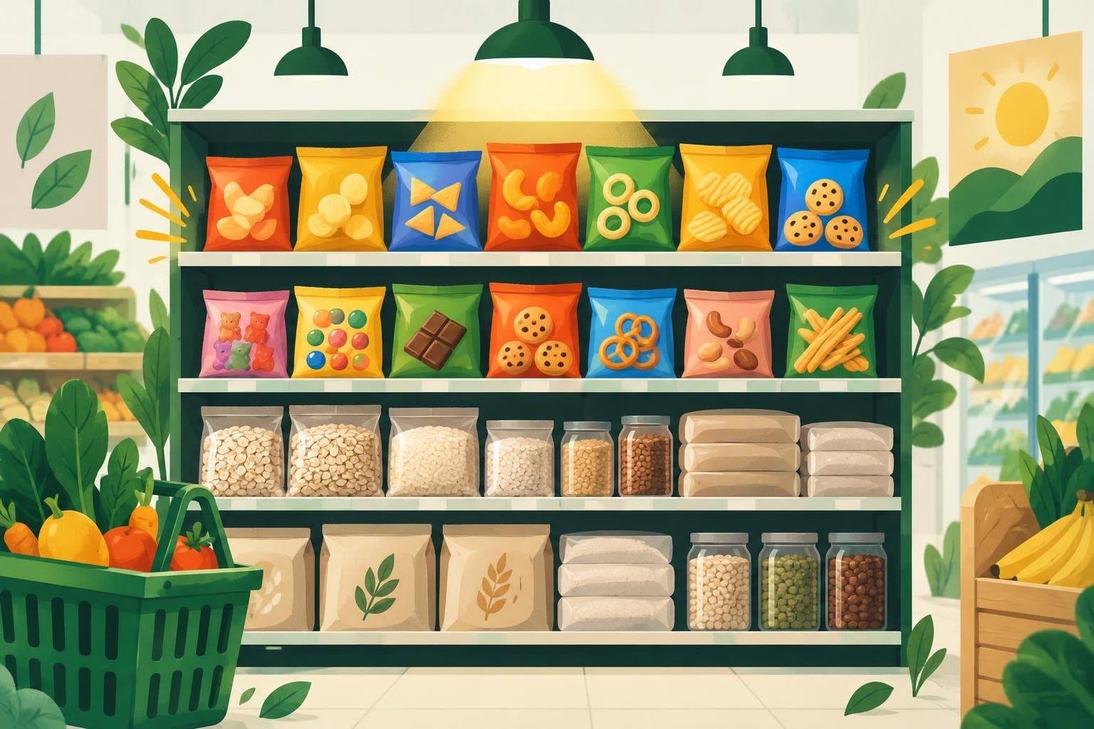 A supermarket shelf with snacks at eye level and staples lower down