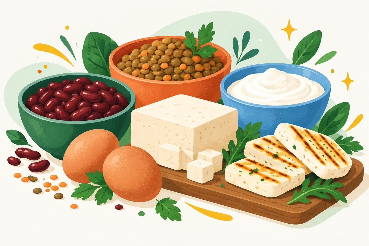 Vegetarian proteins: beans, lentils, tofu, eggs and halloumi