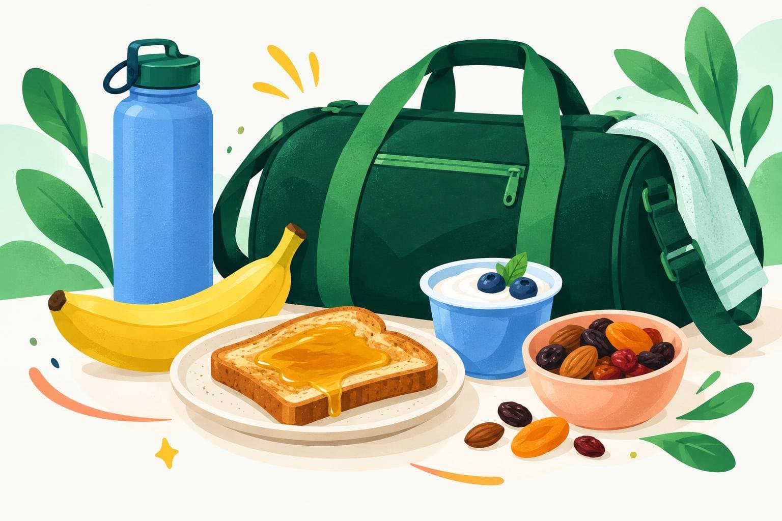 Pre-workout snacks: banana, toast with honey, yoghurt and dried fruit