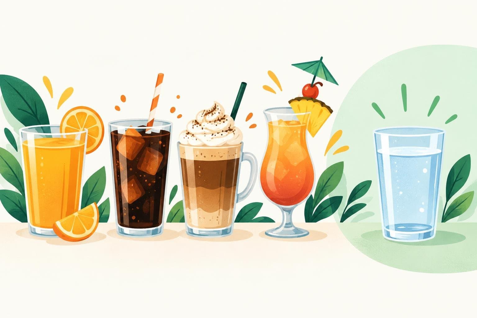 Liquid calories: juice, soft drinks, sweet coffee and cocktails