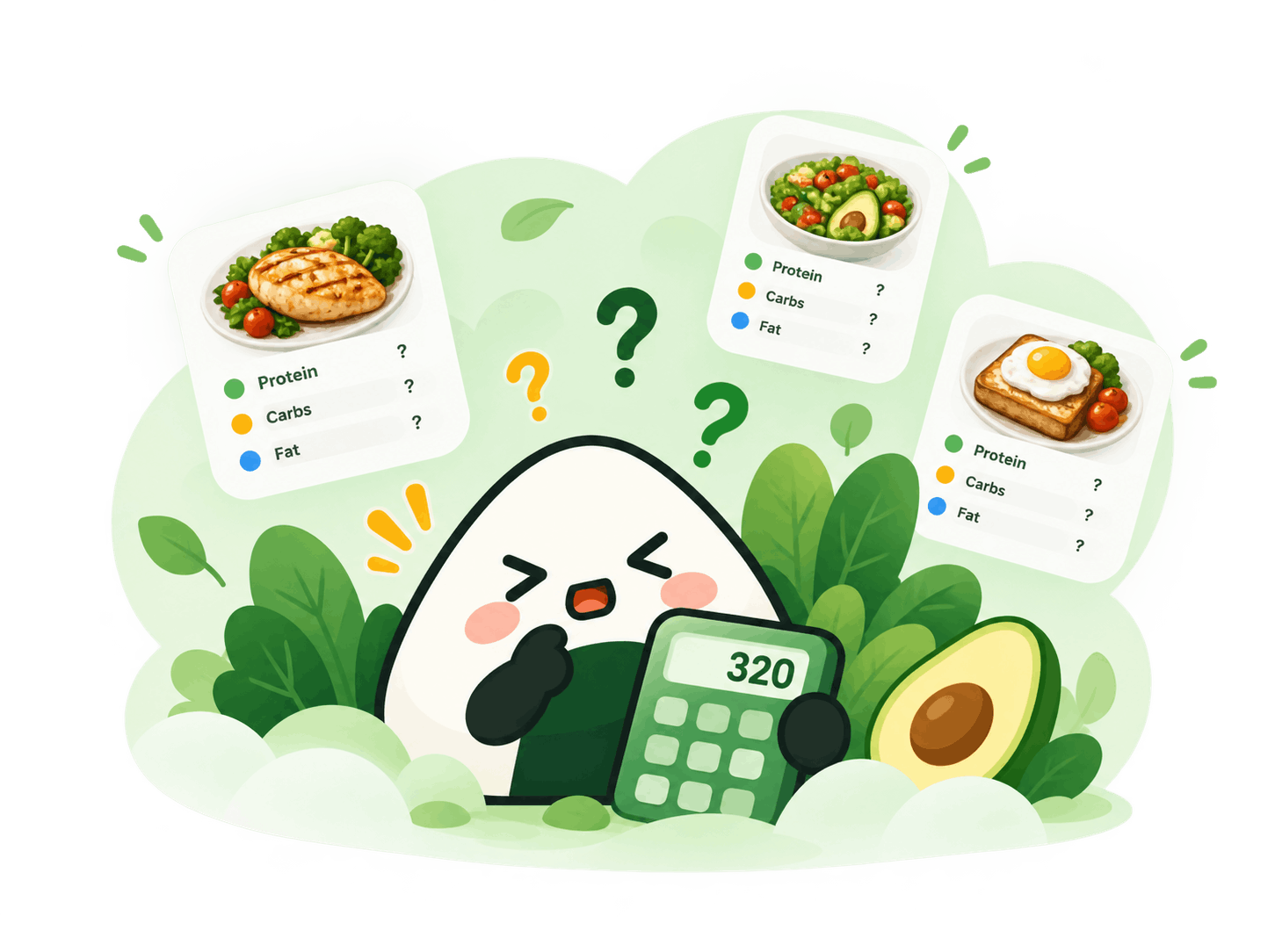 Onigiri mascot illustrating guessing your macros