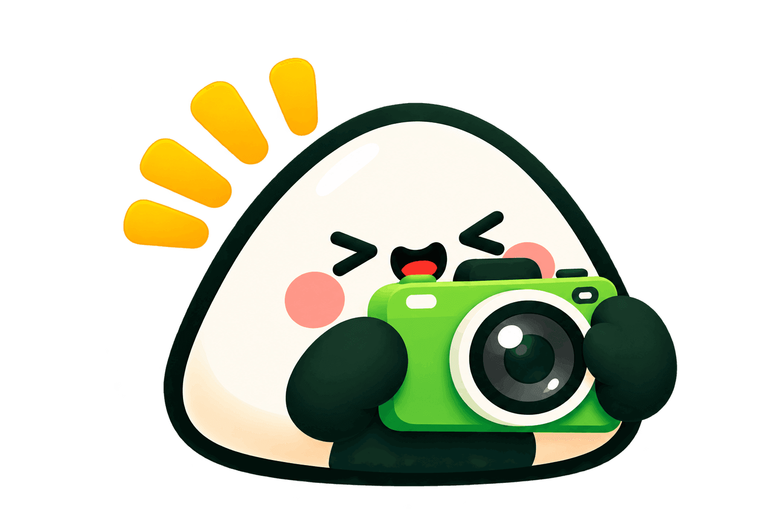 Onigiri mascot taking a photo with a green camera
