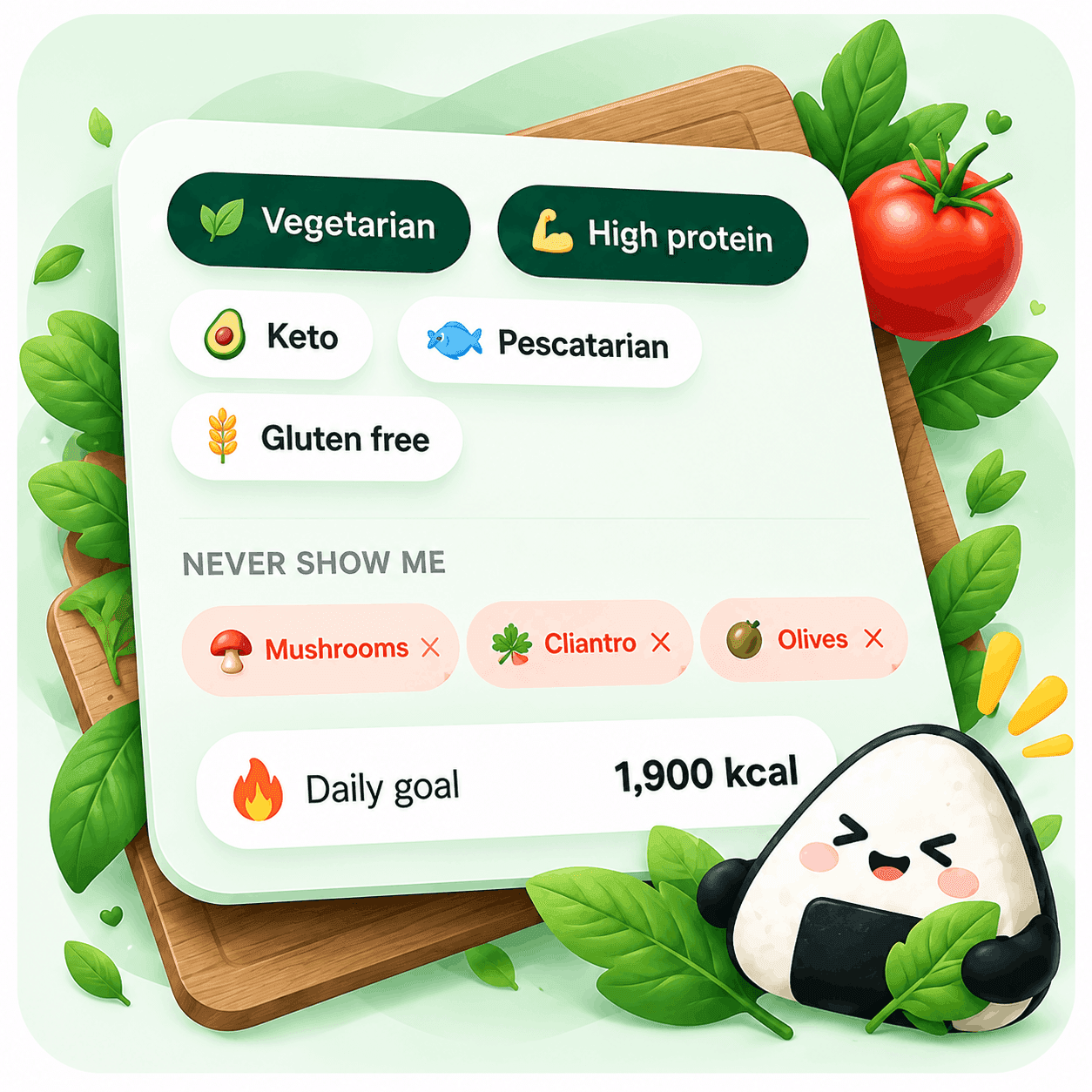 Diet preferences, foods to avoid and a daily calorie goal