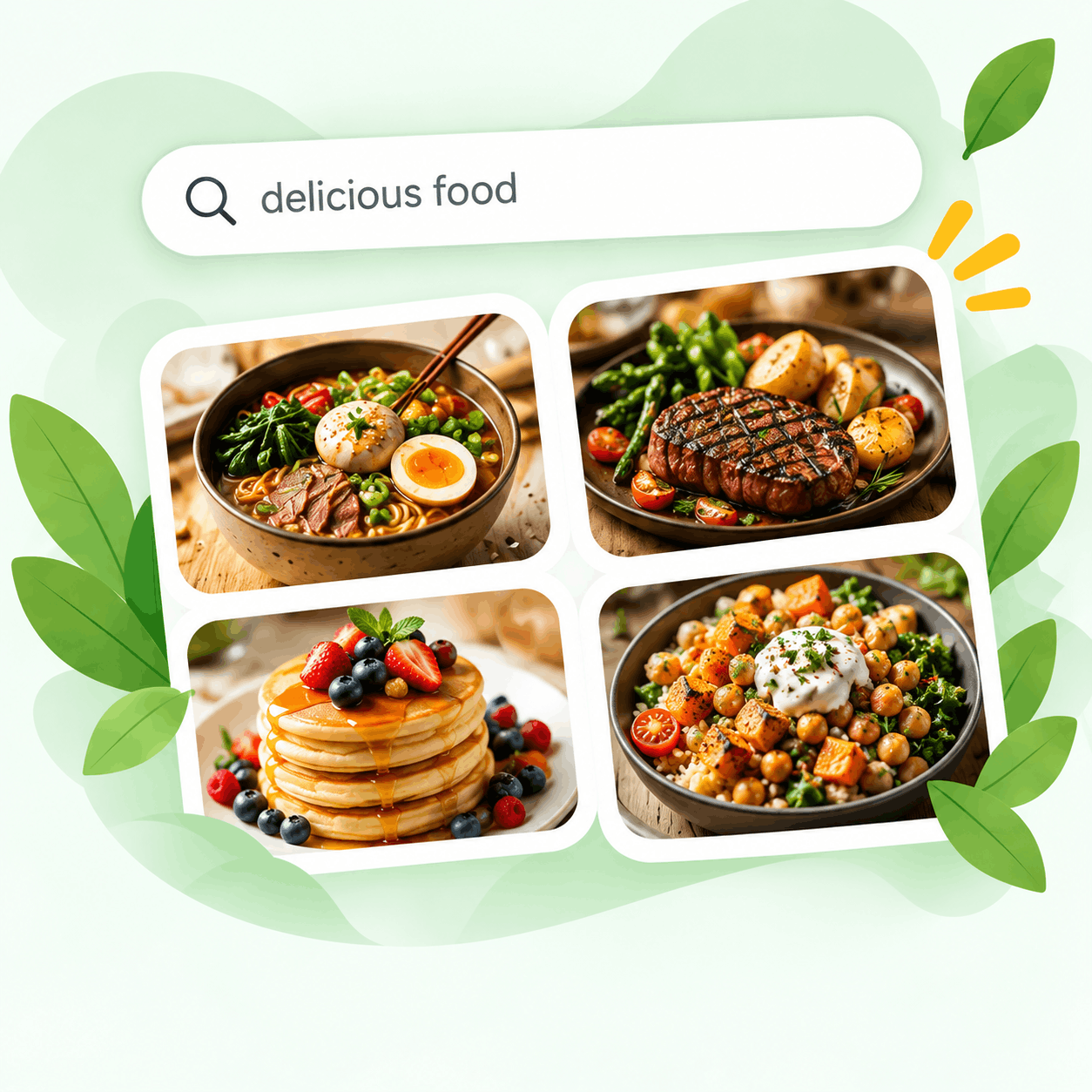 Recipe search results for delicious food