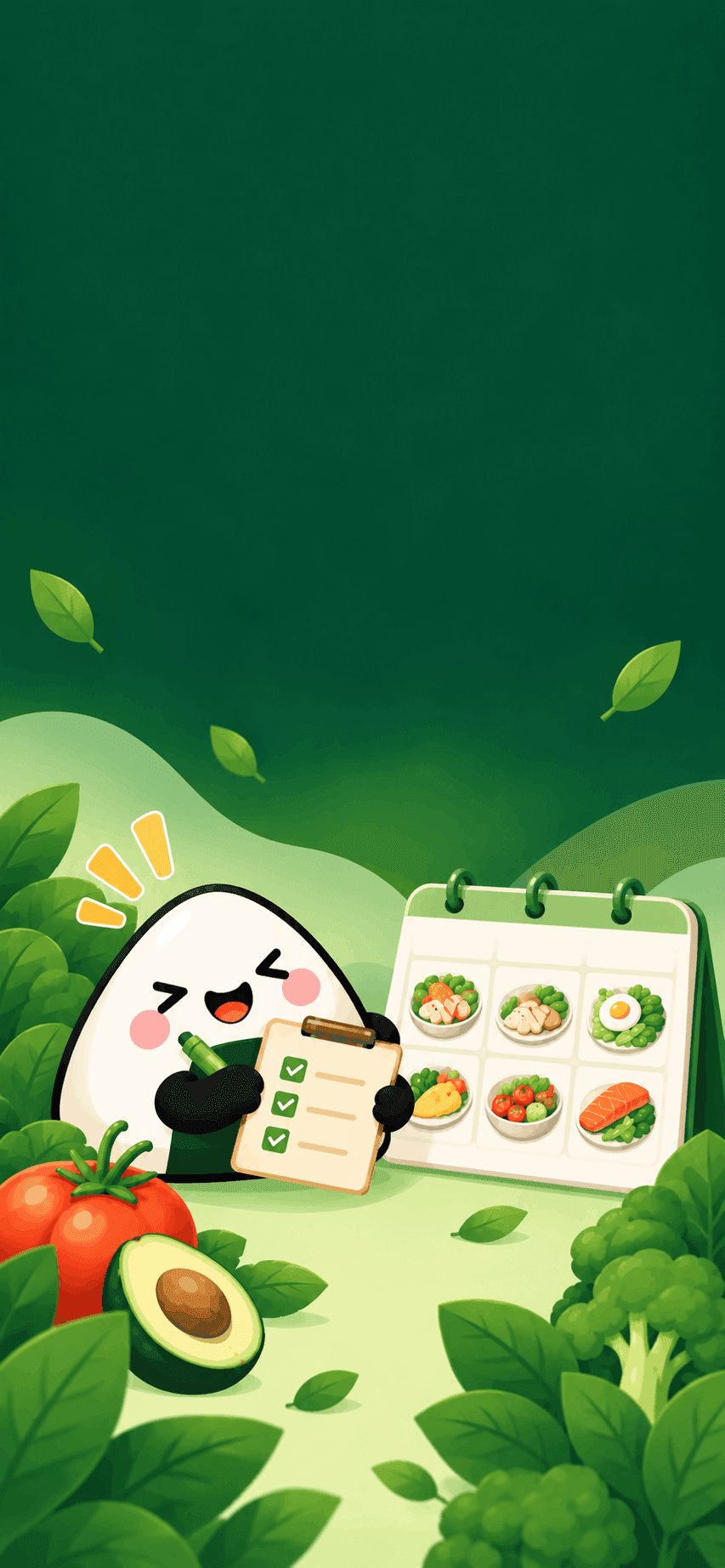 Onigiri mascot ready with a checklist next to a calendar of planned meals