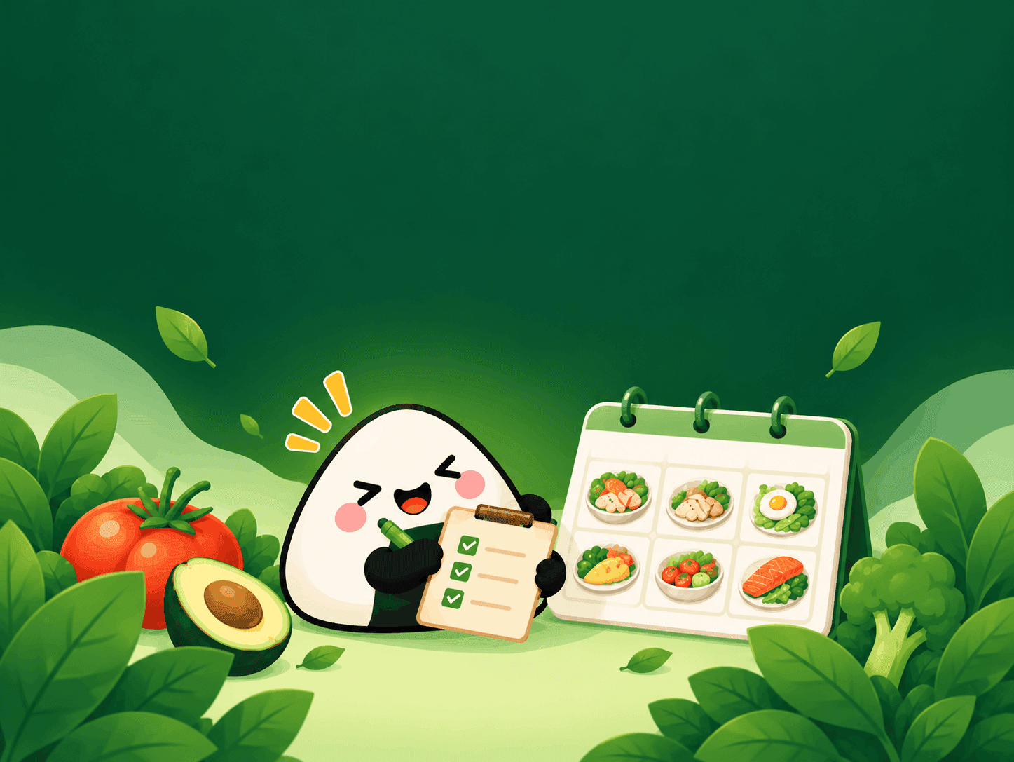 Onigiri mascot ready with a checklist next to a calendar of planned meals