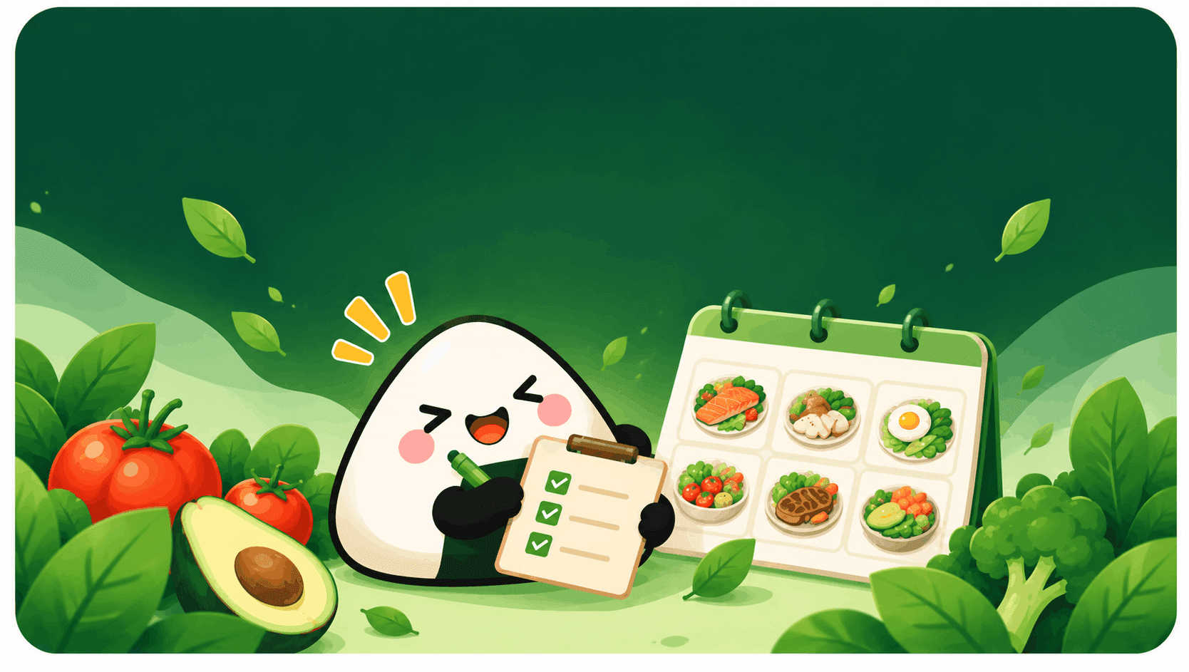 Onigiri mascot ready with a checklist next to a calendar of planned meals