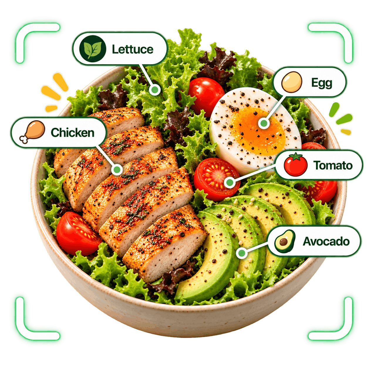 A salad photo with each ingredient detected and labelled