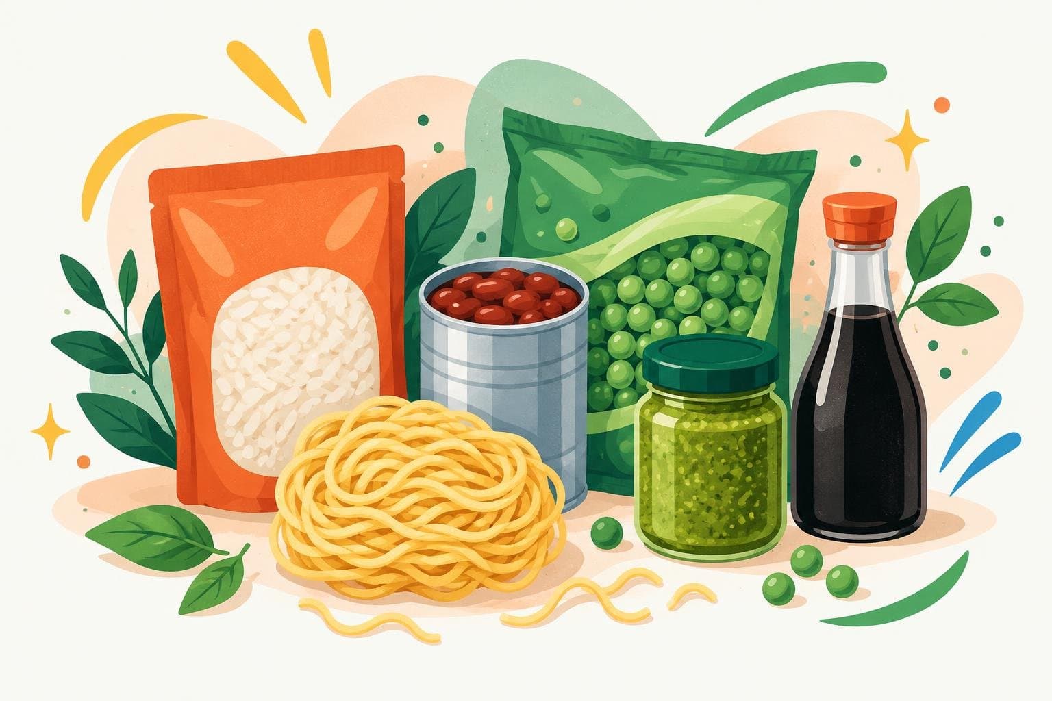 Quick-cook shortcuts: a rice pouch, noodles, tinned beans, frozen peas and a jar of pesto